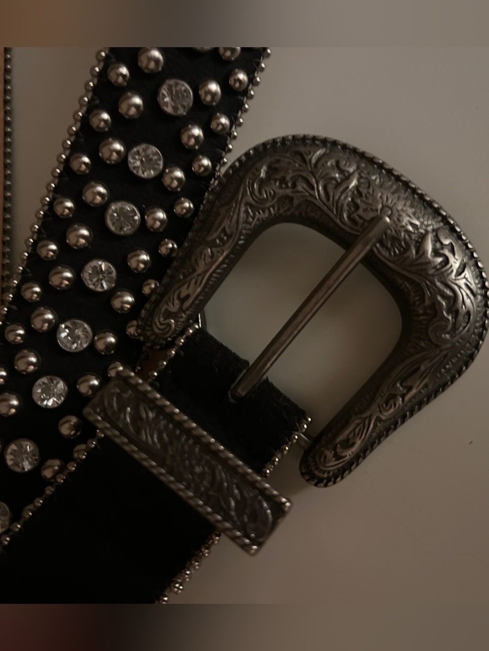 Vintage Black Leather Rhinestone Studded Western Belt Engraved Buckle